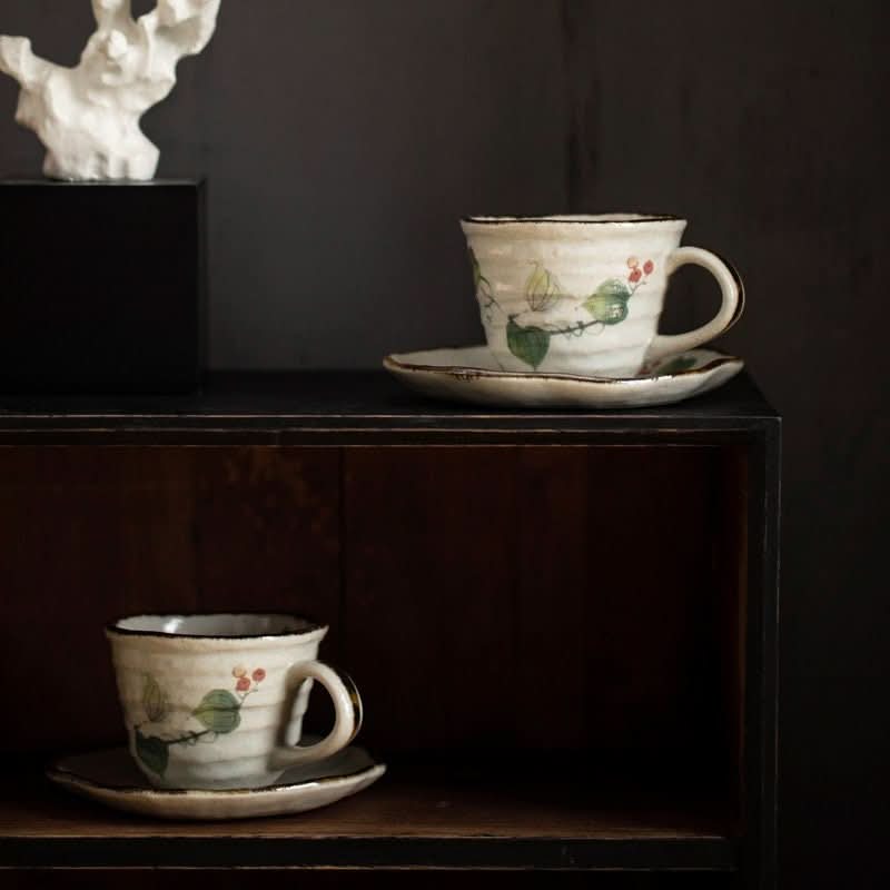 Japan Imported Mino-Yaki Ceramic Grape Vine Coffee Set Cup (7.1oz) with saucer.